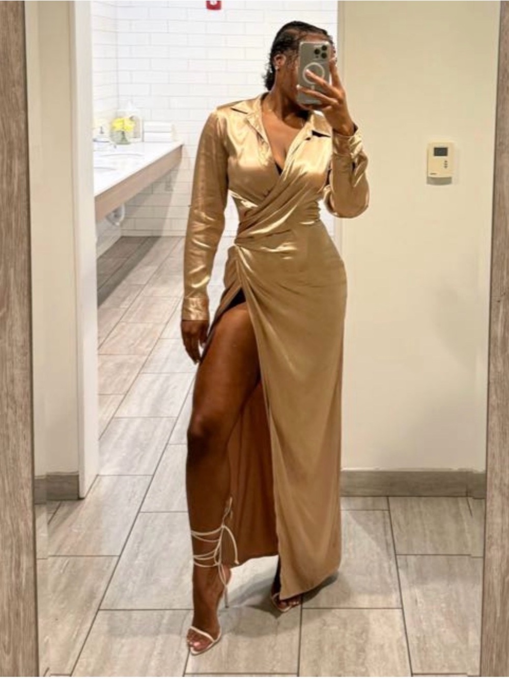 JLUXLABEL Long Sleeve Satin Wrap Maxi Dress in Gold